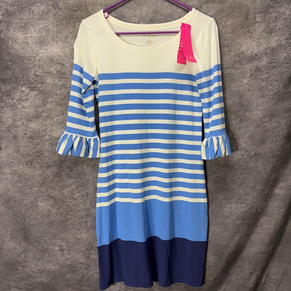 Lilly Pulitzer Sophie Ruffle Dress Size XS White Blue Striped UPF 50+ Nautical